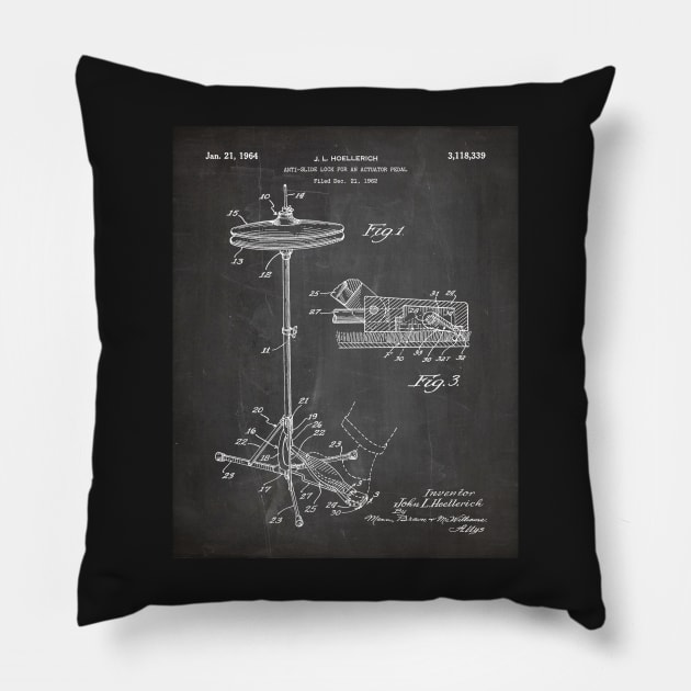 Hi Hat Drum Patent - Drummer Art - Black Chalkboard Pillow by patentpress