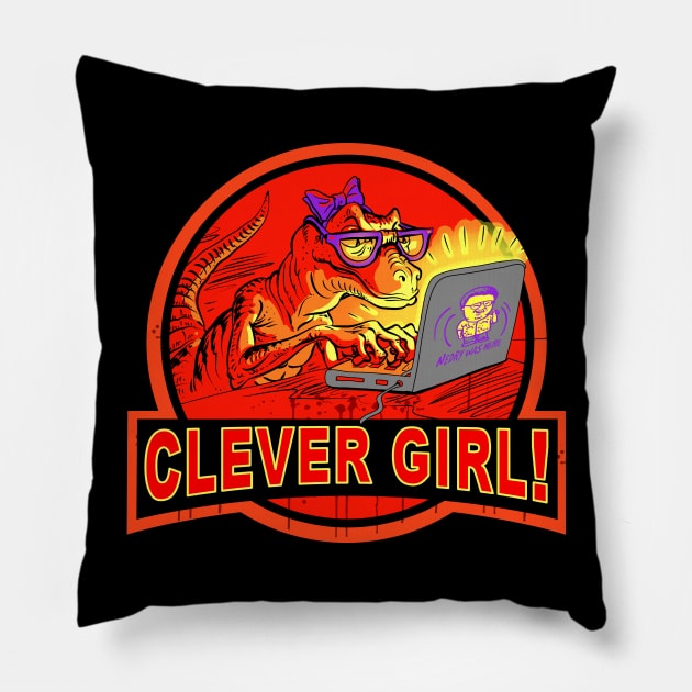 Clever Girl Computer Velociraptor Nerd Pillow by WeaselPop