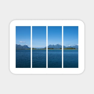 Wonderful landscapes in Norway. Nordland. Beautiful scenery of a coastline from Mortenstranda beach. Rippled sea in a sunny summer day.White clouds and islands in the background Magnet