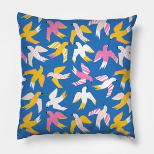 Collage Birds Blue Pink White Yellow Pillow