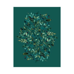 Seasonal branches and berries - green on teal T-Shirt