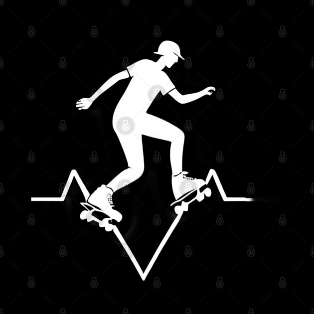 Roller Skate line drawing and heartbeat in white for skaters and roller derby fans by Customo