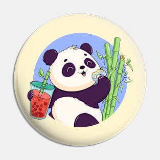 The cute panda enjoys bubble tea and a donut among bamboo trees Pin