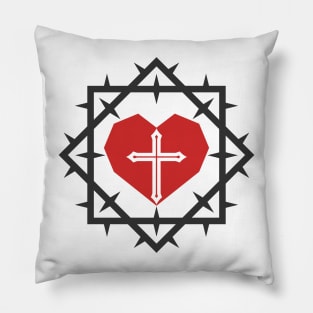 Heart and cross of Jesus inside a crown of thorns. Pillow