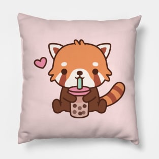 Cute Little Red Panda Loves Bubble Tea Pillow