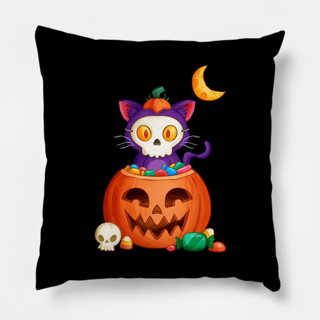 Halloween Cat Skull Cute halloween kitten for kids & adults Pillow by FunnyUSATees