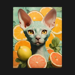 Retro Kitsch Sphynx Cat and Citrus Fruit Collage T-Shirt