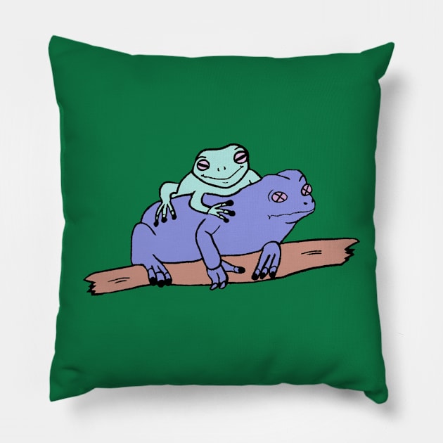 frogs green frog violet Pillow by Mollie