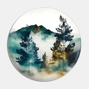 Misty Green Mountains and Trees Watercolor Pin