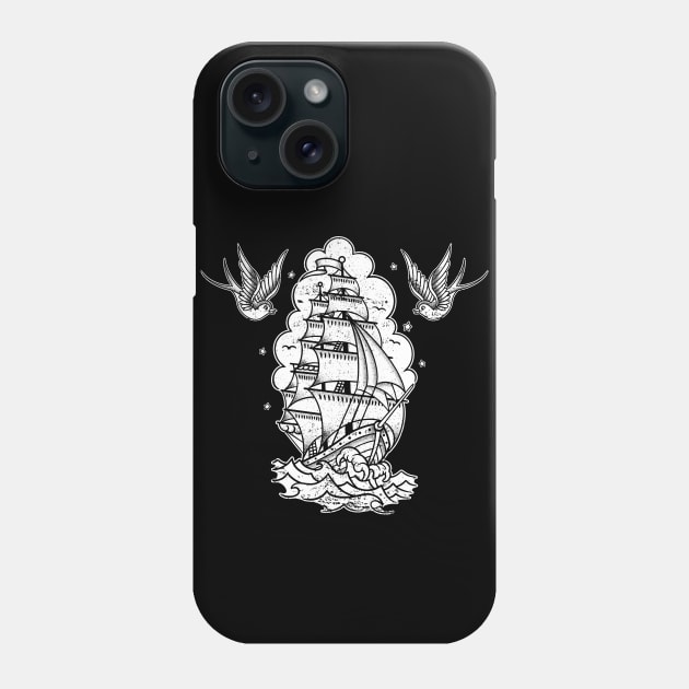 Distressed Traditional Tattoo Sailing Ship and Swallows Phone Case by Seven Relics