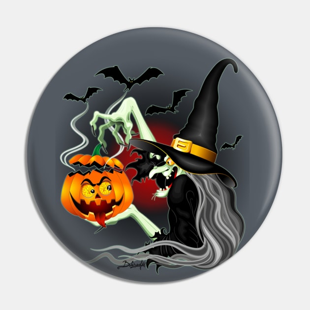 Witch with Jack O'Lantern and Bats Pin by BluedarkArt