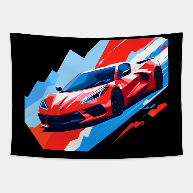 C8 Corvette Racing Torch Red sportscar retro design vintage style supercar Classic car vibes with a torch red C8 Corvette Retro flair for C8 Corvette enthusiasts Tapestry by Tees 4 Thee