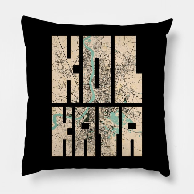 Kolkata, India City Map Typography - Vintage Pillow by deMAP Studio