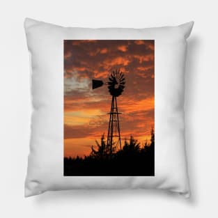 Blazing Sunset with a Windmill silhouette Pillow