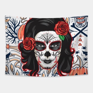 Bootiful Cool skull tattoo woman pattern gift design Tapestry