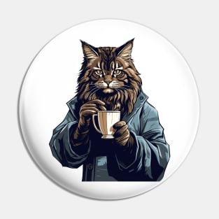 Maine Coon Cat Drinking Coffee Pin