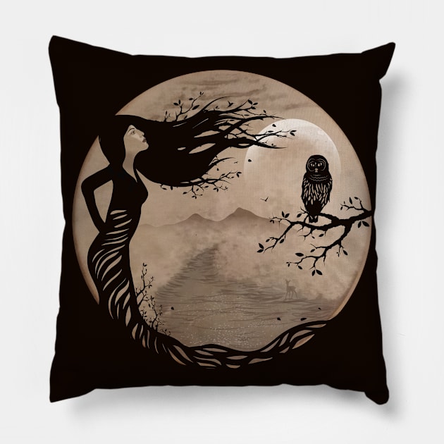 Owl Woman Tree Shaman Art - Natural Drum 12 Pillow by Serena King