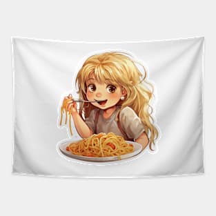 Cute Girl Eating Spaghetti Tapestry