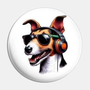 Smooth Fox Terrier Smiling DJ with Headphones and Sunglasses Pin