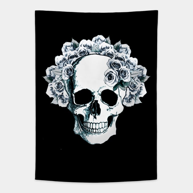 Sage Tribe floral Skull With blue roses Tapestry by Collagedream