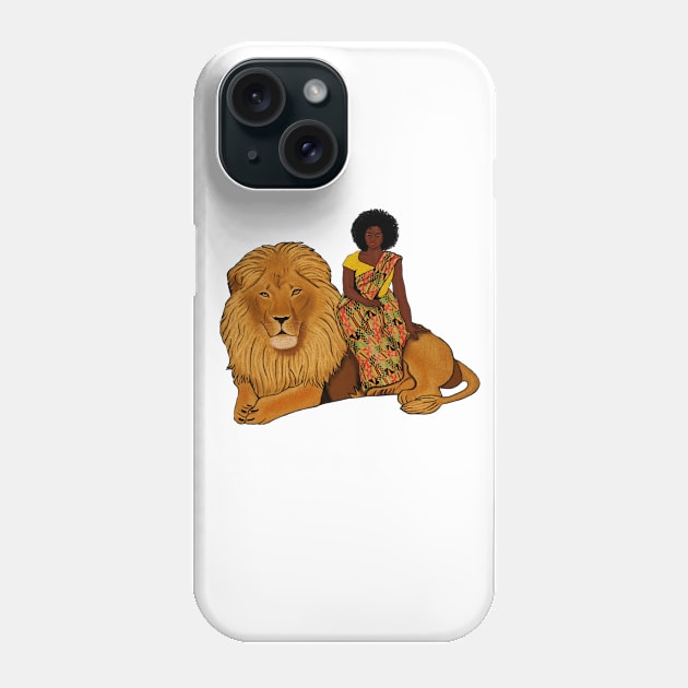 Proud African Afro Woman with Lion and Kente Pattern Phone Case by kentevibes