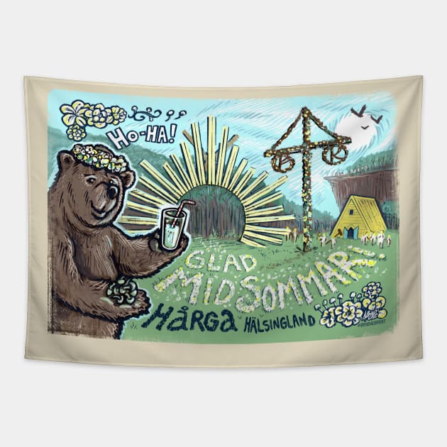 Ho-Ha! Glad Midsommar Bear Tapestry by BradAlbright