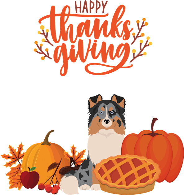 Cute Sheltie with Orange Happy Thanksgiving Sign and Holiday Pie and Pumpkin Kids T-Shirt by Seasonal Dogs