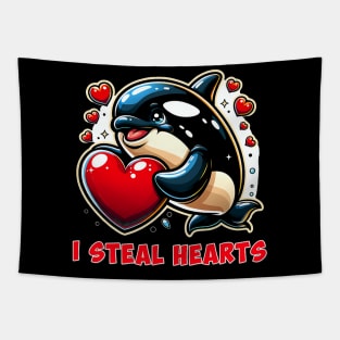 I Steal Hearts Orca Whale Valentines Tapestry