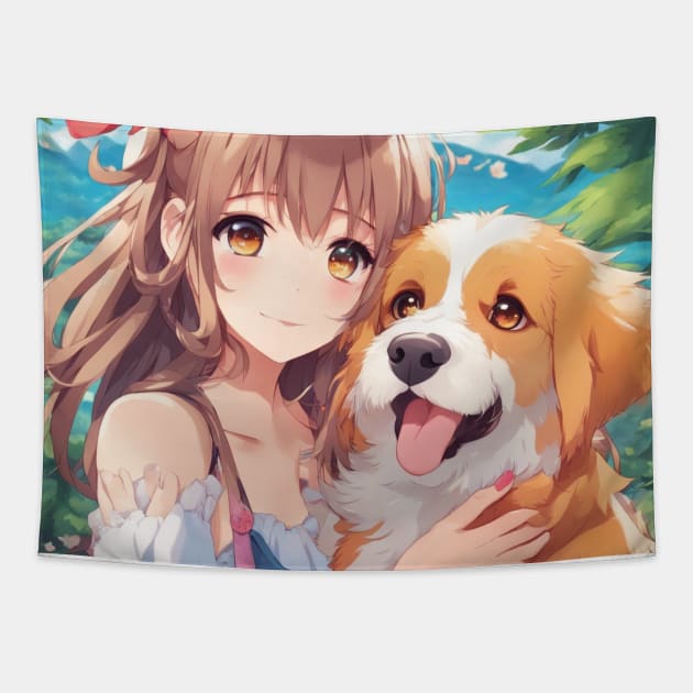 Anime Girl with a cute Dog #022 Tapestry by merchonly4you
