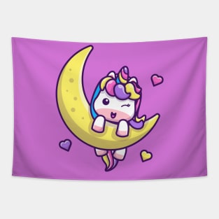 Cute Unicorn On Moon Cartoon Tapestry