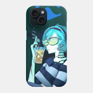 Blue Haired Girl Enjoys Tea and Tunes With Her Cat Friend Phone Case