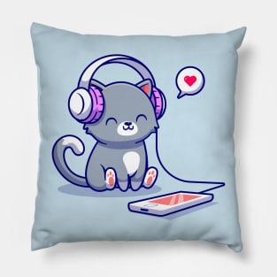 Cute Cat Listening Music With Headphone Cartoon Pillow