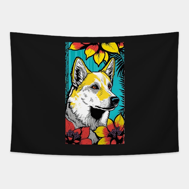 Jindo Dog Vibrant Tropical Flower Tall Retro Vintage Digital Pop Art Portrait Tapestry by ArtHouseFlunky