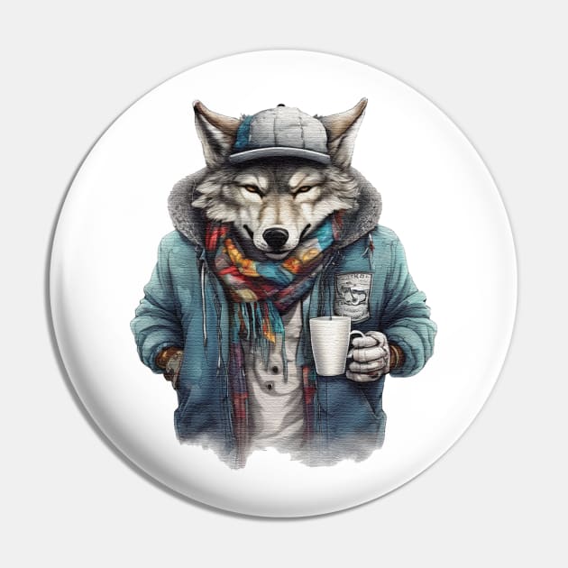 Wolf wearing a jacket holding a cup coffee Pin by JnS Merch Store