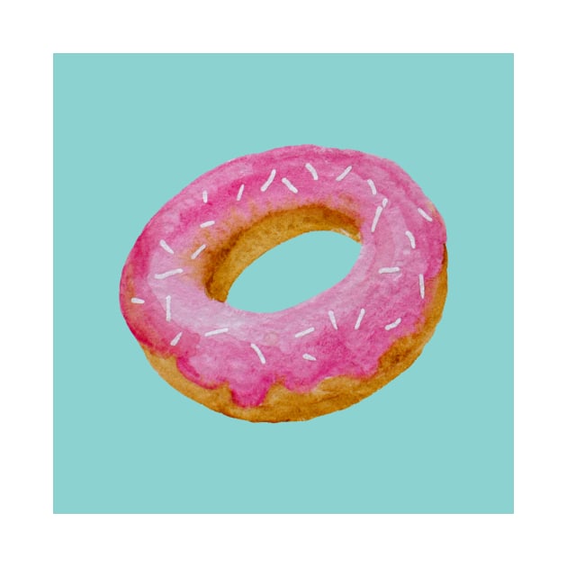 Watercolor donut - pink on blue background by wackapacka