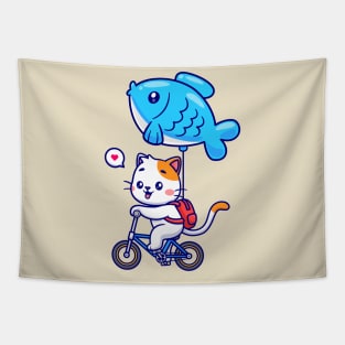 Cute Cat Riding Bicycle With Fish Balloon Cartoon Tapestry