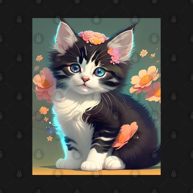 Beautiful Calico Kitten with Flowers - Modern Digital Art by Ai-michiart