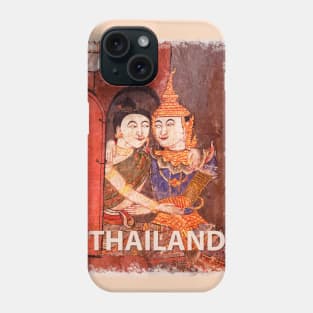 Antique Thai colorful temple mural of a young couple embracing in traditional period ceremonial clothing Phone Case