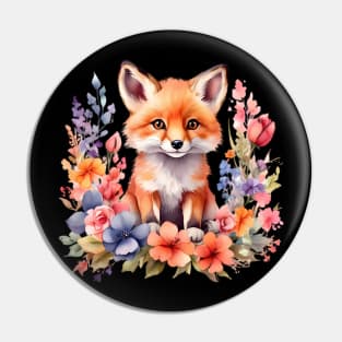 A red fox decorated with beautiful watercolor flowers Pin