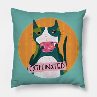 Catfeinated Cat Pun Cute Whimsical Drawing Pillow