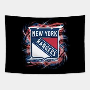 The New York Rangers' logo has vivid colors and strong geometric elements. Tapestry