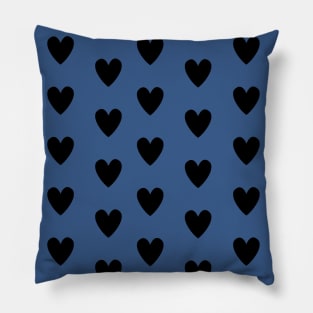 Black Hearts, Polka Dots, Pattern on Blue Pillow