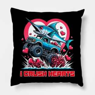 Monster Truck I Crush Hearts Swordfish Valentines Pillow