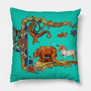 WEIRD MEDIEVAL BESTIARY IN TURQUOISE BLUE, DRAGON,UNICORN ,RHINO AND KILLER RABBIT Pillow