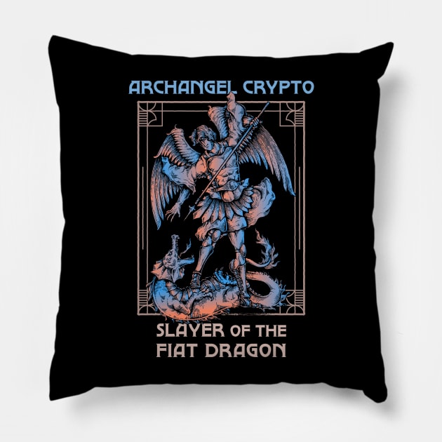 Archangel Crypto - Slayer of the fiat dragon (black background) Pillow by Hardfork Wear