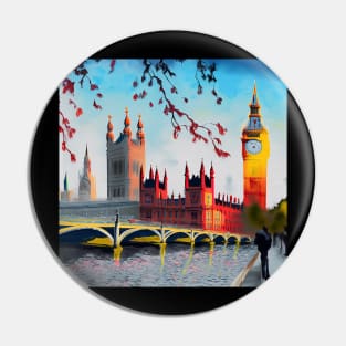 Oil on canvas, London street. A work of art. Big Ben and the Red Tree. To England Pin