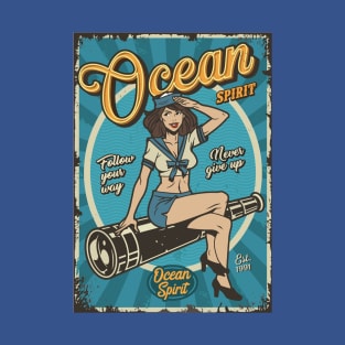 Vintage Marine Colorful Poster With Pin Up Girl T-Shirt