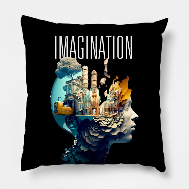 Imagination: Where Wonders Are Born -- A digital illustration of a young person's mind and imagining thru the wonderment of their imagination with the word "Imagine" above on a Dark Background Pillow by Puff Sumo