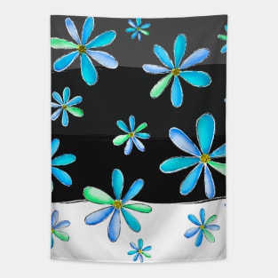 A Cascade of Daisies - Hand Drawn Design with Fresh Blue & Green Petals Tapestry