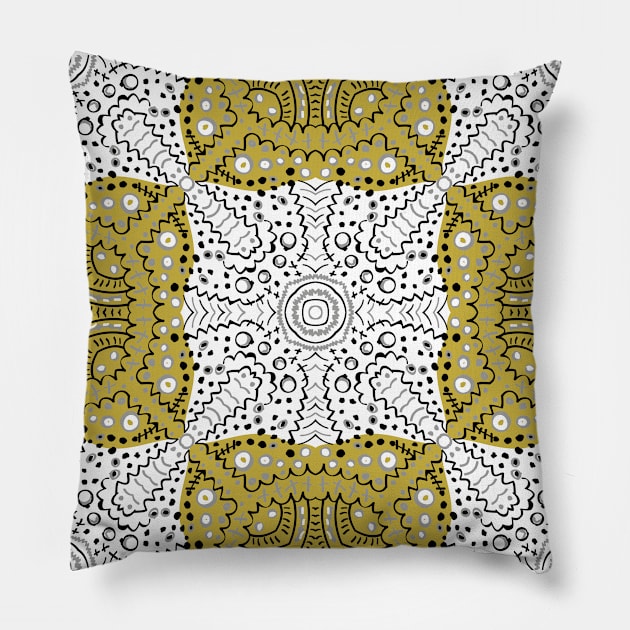 Gold abstract seamless kaleidoscope pattern — white and black background Pillow by Magic, Art, Patterns, Beauty!